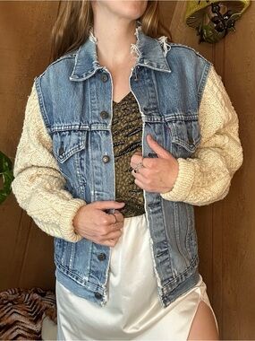Levi’s Upcycled Distressed Denim Jacket with Cream Cable Knit Sweater Sleeves